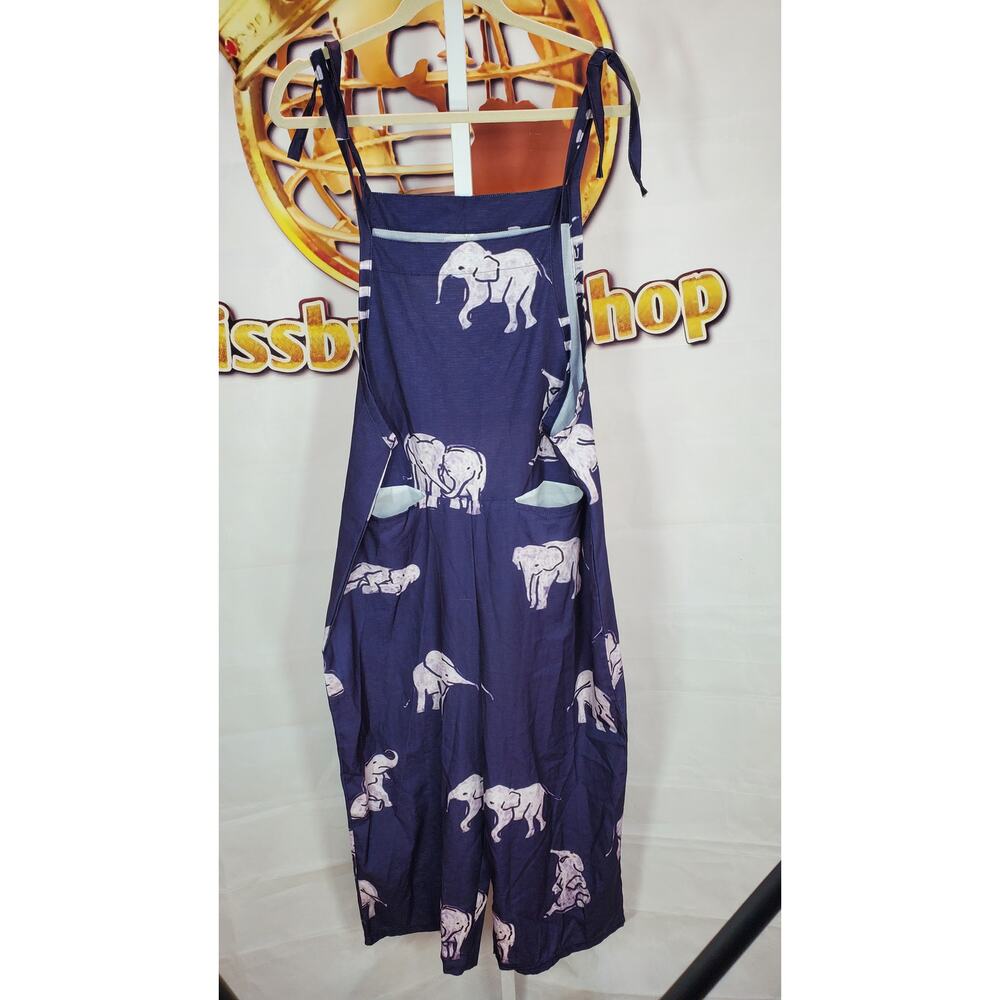 Blue White Elephant Print Sleeveless Romper Pockets XL